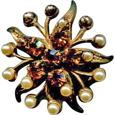 Amber Rhinestones & Faux Pearls Starburst Pin - image 1