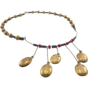 1920's Egyptian Revival Brass Scarab Necklace