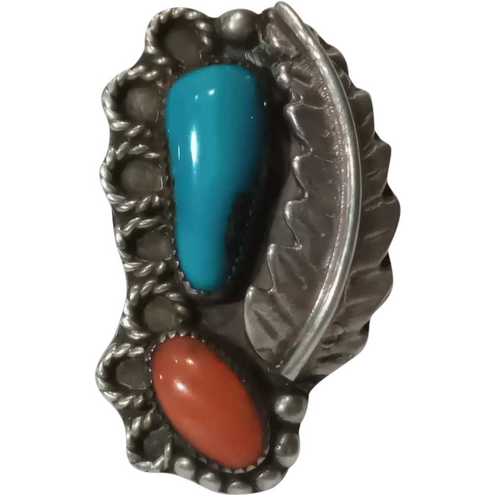 Sterling silver Navajo ring turquoise coral feath… - image 1