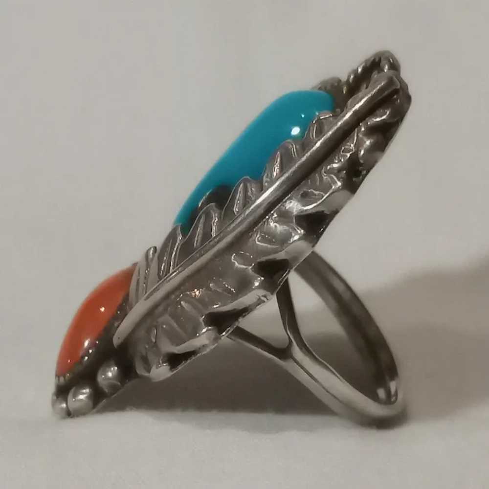 Sterling silver Navajo ring turquoise coral feath… - image 2