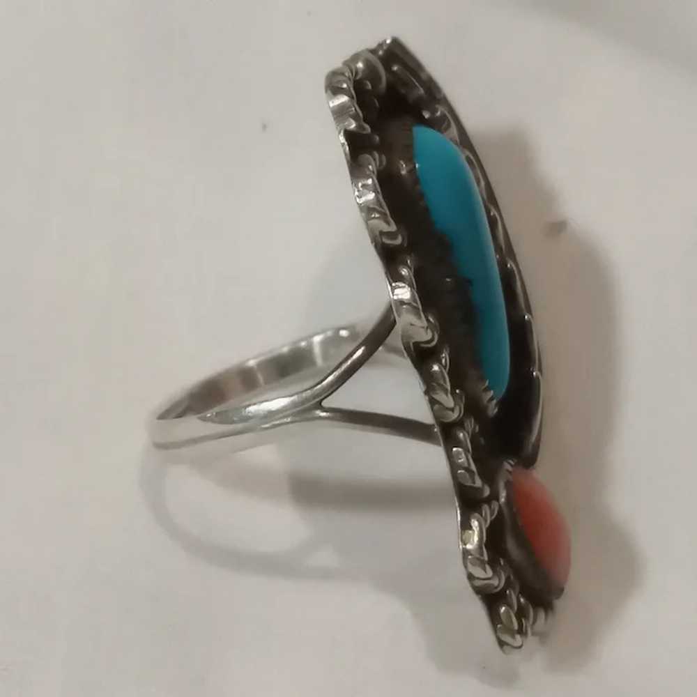 Sterling silver Navajo ring turquoise coral feath… - image 5