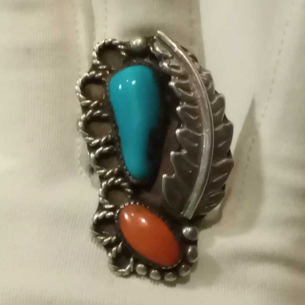 Sterling silver Navajo ring turquoise coral feath… - image 6