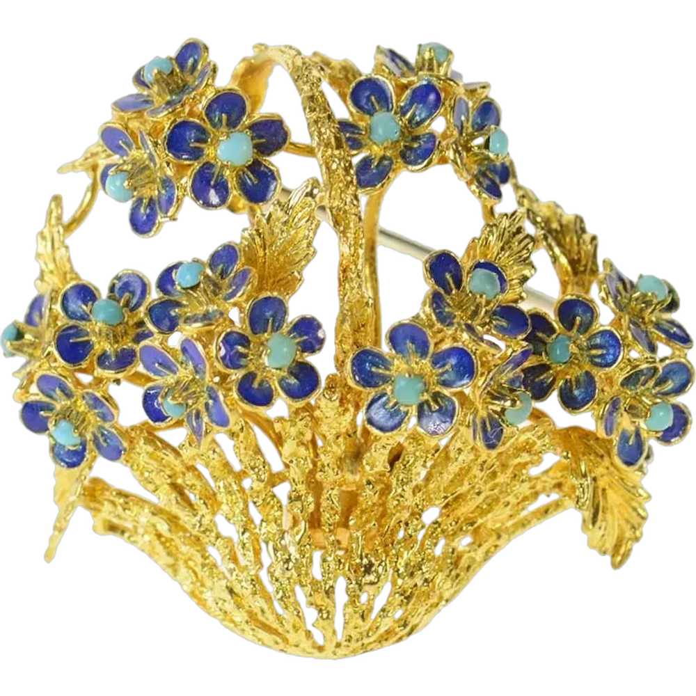 18K Turquoise Enamel Flower Bouquet Basket Pin/Br… - image 1