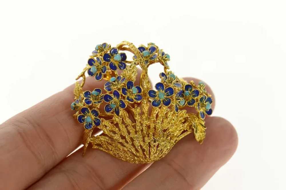 18K Turquoise Enamel Flower Bouquet Basket Pin/Br… - image 5