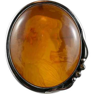 Vintage Reverse Intaglio Amber Cameo Brooch Penda… - image 1