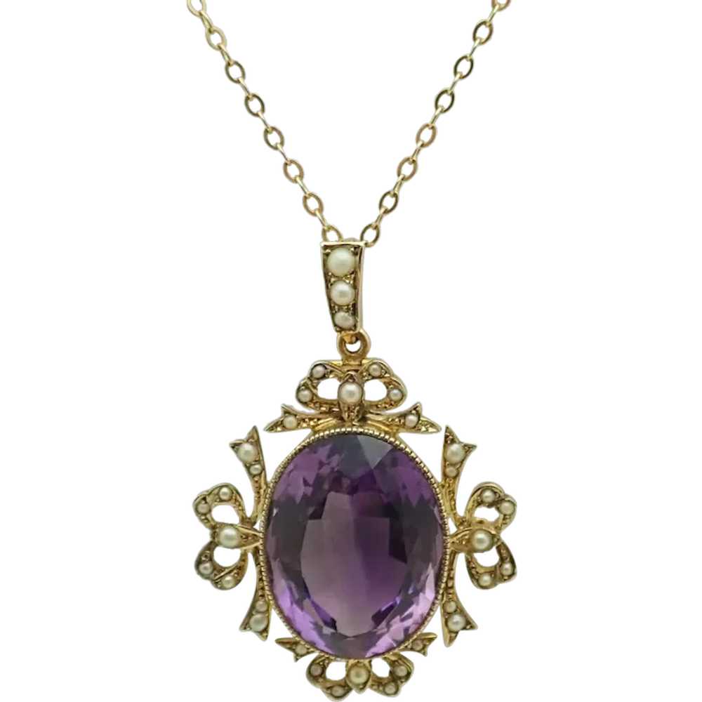 English Edwardian 9k Gold Amethyst and Seed Pearl… - image 1