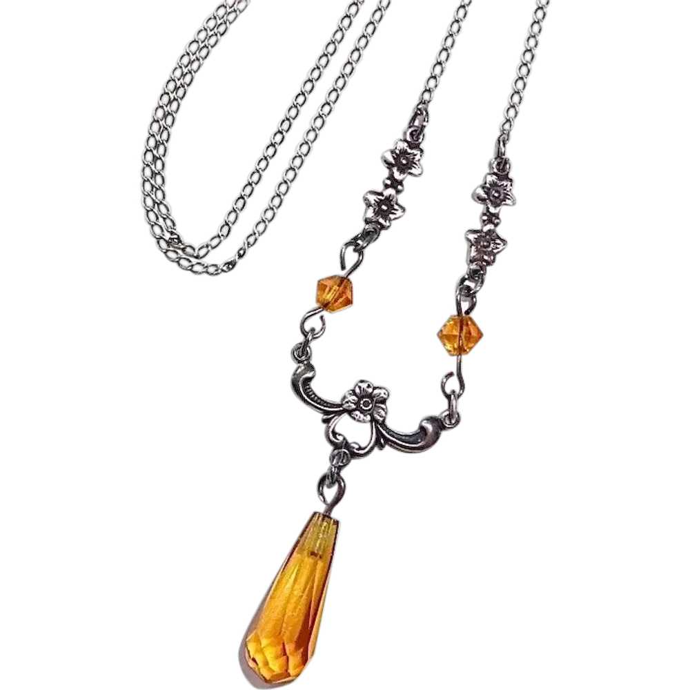 Sterling Necklace w Amber Glass Briolette Teardrop - image 1