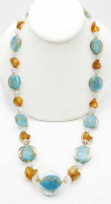 Aqua and Gold Murano Glass Beads Necklace