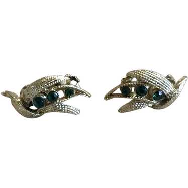 Silver Tone Green Rhinestone Clip Earrings - image 1