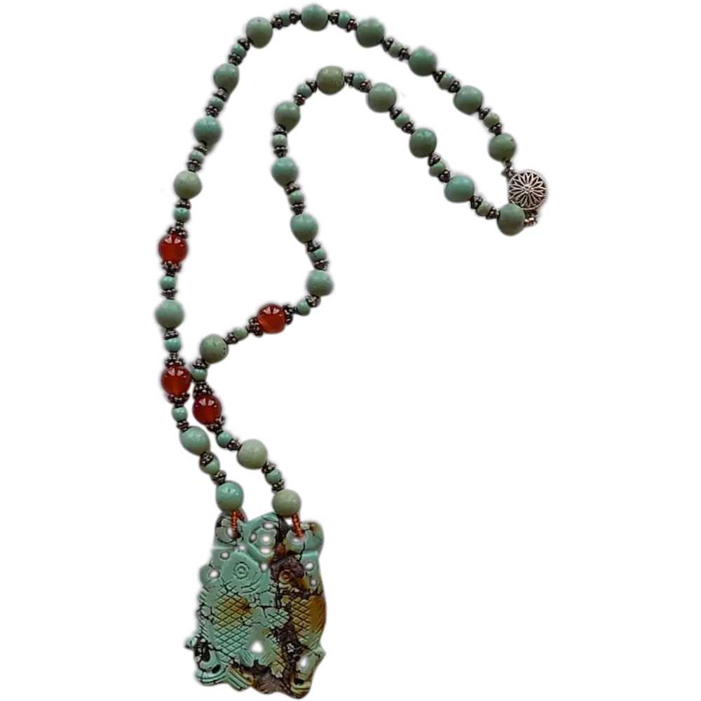 Chinese Turquoise Carnelian & Sterling Double Fis… - image 1