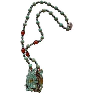 Chinese Turquoise Carnelian & Sterling Double Fis… - image 1