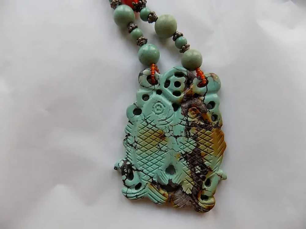 Chinese Turquoise Carnelian & Sterling Double Fis… - image 3