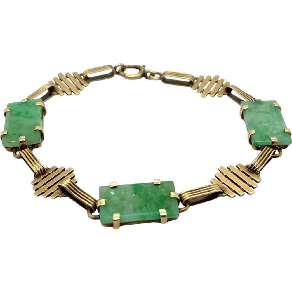 Art Deco 14K Yellow Gold Jade Bracelet - image 1