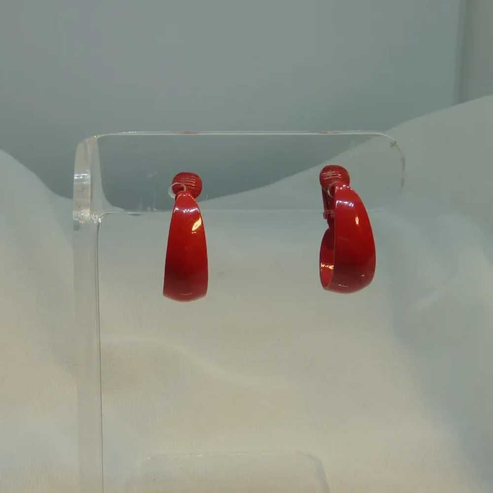 Red Small Hoop Clip on Earrings - image 2