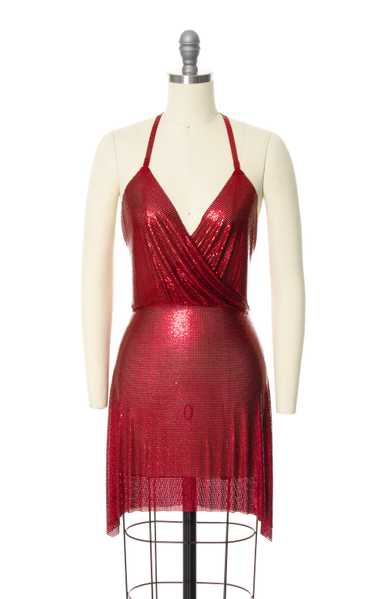 MODERN FANNIE SCHIAVONI Red Metal Mesh Mini Dress 