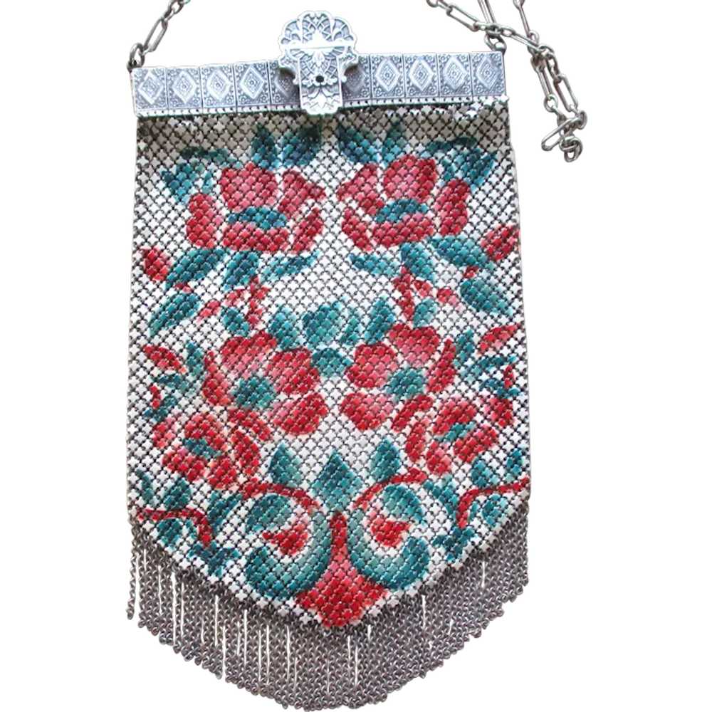 Antique Enamel Mesh Purse Handbag Ornate Silver F… - image 1
