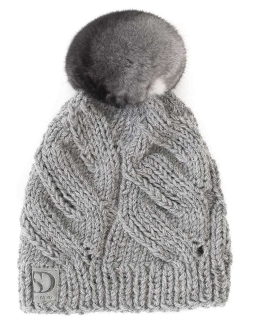 FurbySD Grey Cable Knit Beanie with Fur Pom Pom - image 2