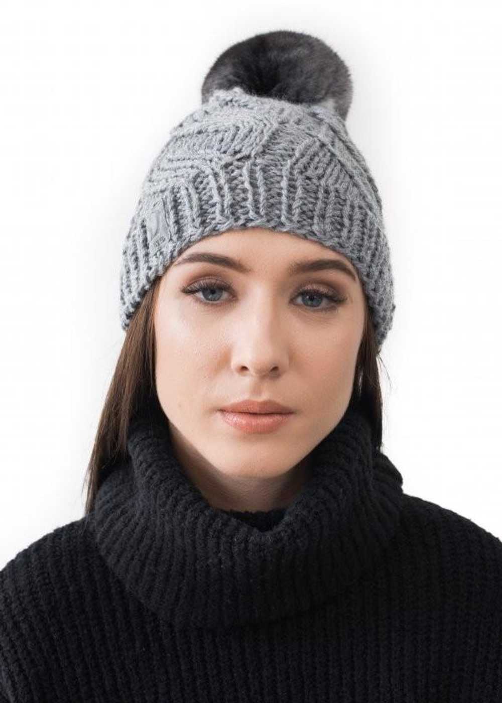 FurbySD Grey Cable Knit Beanie with Fur Pom Pom - image 3