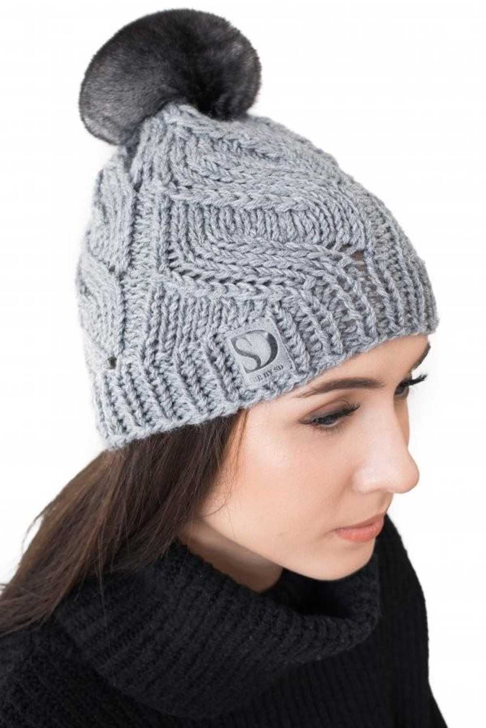 FurbySD Grey Cable Knit Beanie with Fur Pom Pom - image 4