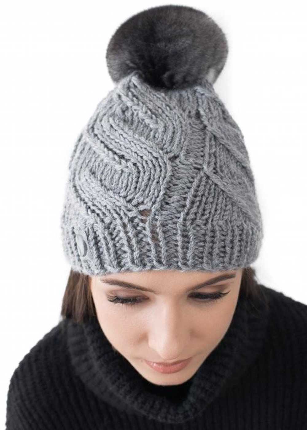 FurbySD Grey Cable Knit Beanie with Fur Pom Pom - image 5