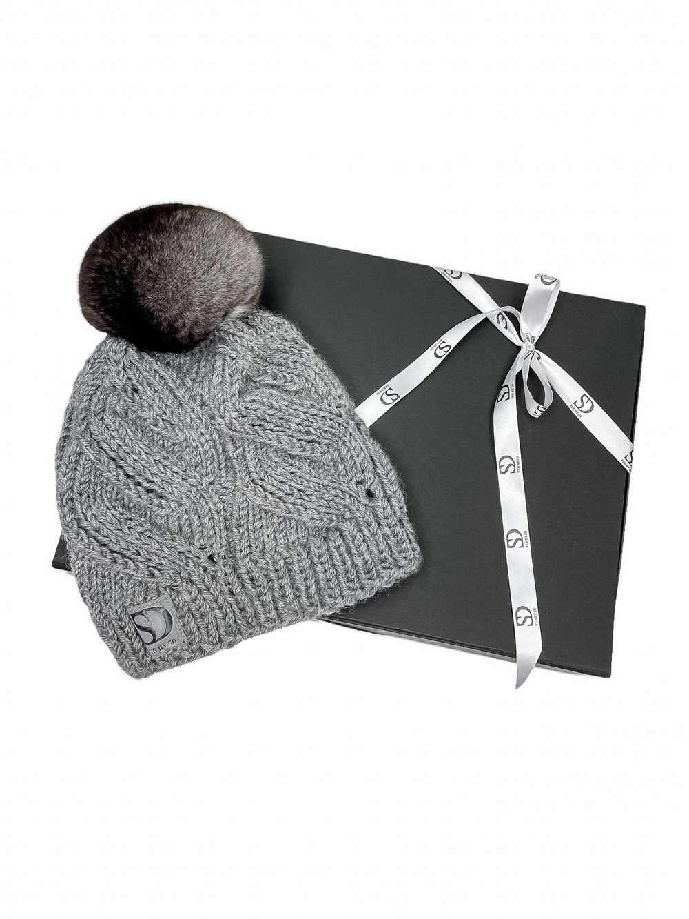 FurbySD Grey Cable Knit Beanie with Fur Pom Pom - image 6