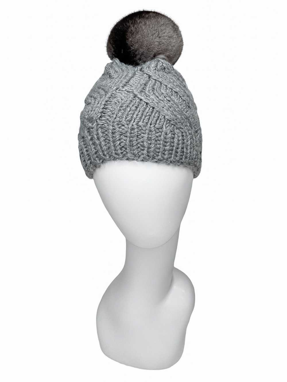 FurbySD Grey Cable Knit Beanie with Fur Pom Pom - image 7