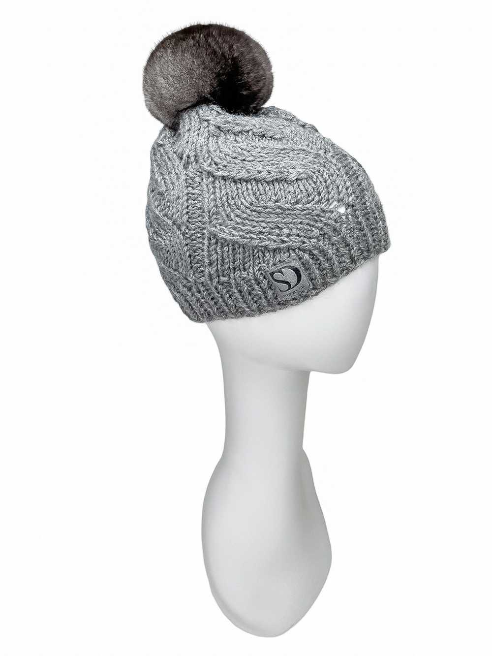 FurbySD Grey Cable Knit Beanie with Fur Pom Pom - image 9