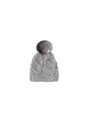 FurbySD Grey Cable Knit Beanie with Fur Pom Pom