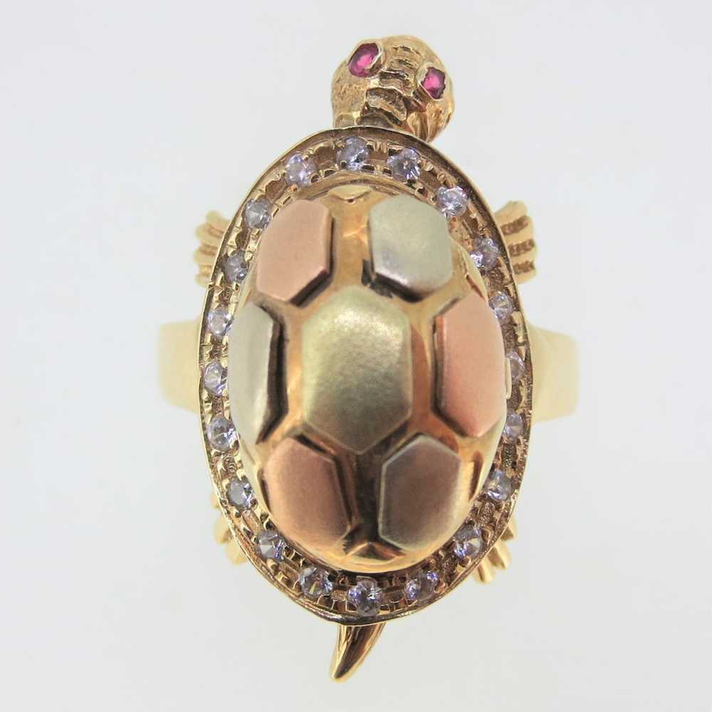 14K Black Hills Gold Turtle Ring with Diamond, Ru… - image 1