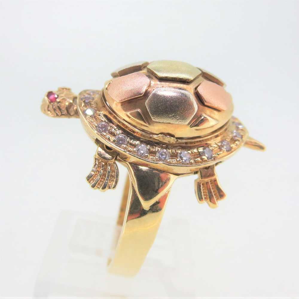 14K Black Hills Gold Turtle Ring with Diamond, Ru… - image 2