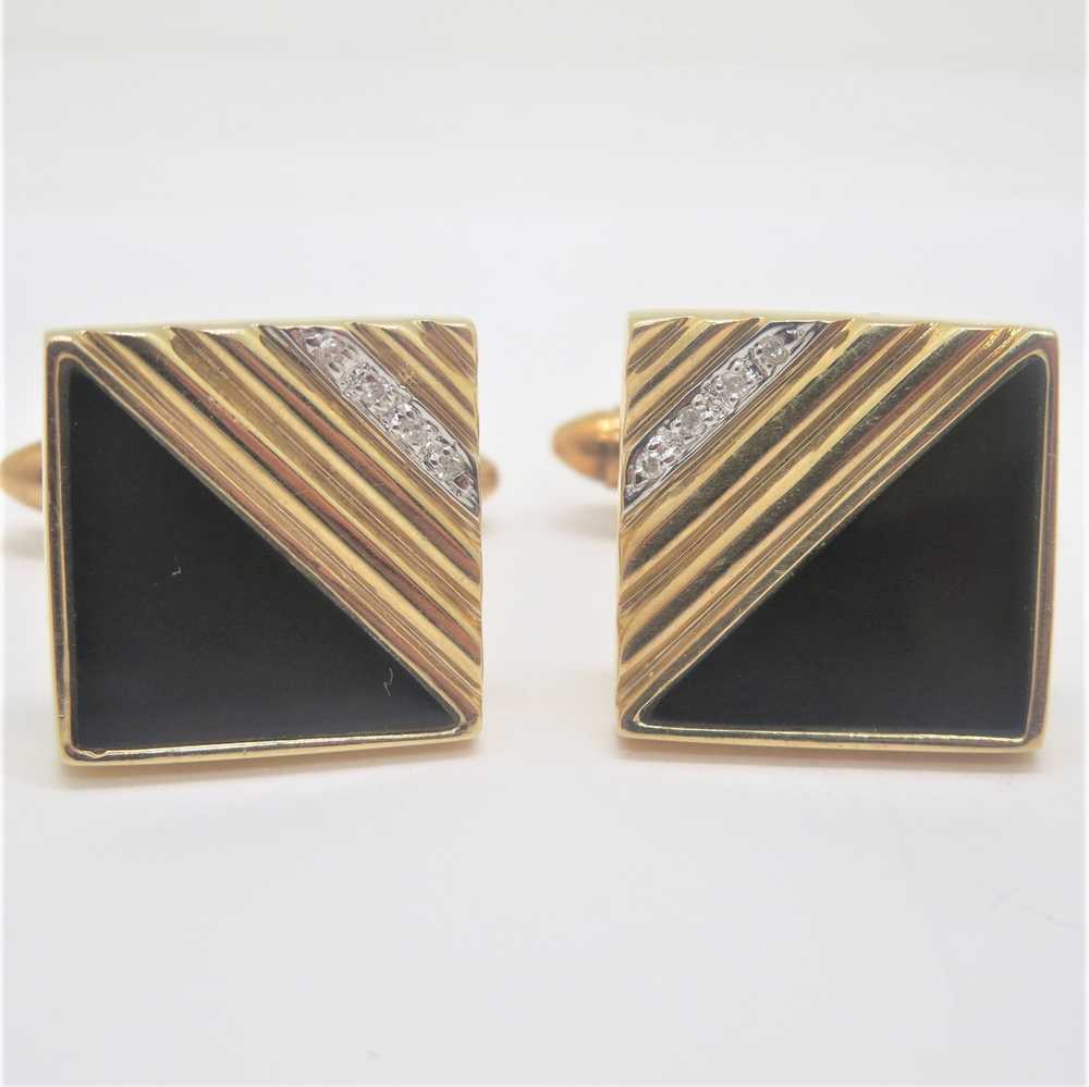 14k Yellow Gold Square Cuff-Links with Black Onyx… - image 1