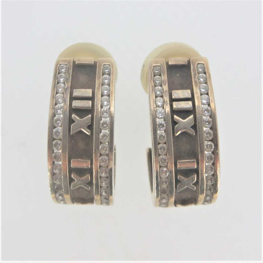 Sterling Silver CZ Roman Numeral Pierced Earrings - image 2