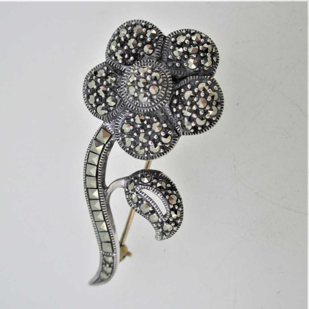 Sterling Silver Marcasite Flower Pin Brooch - image 1