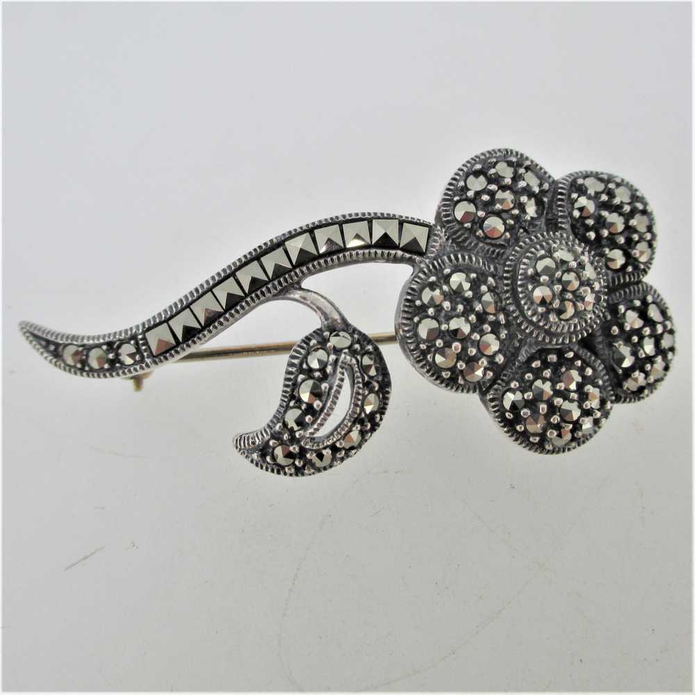 Sterling Silver Marcasite Flower Pin Brooch - image 2