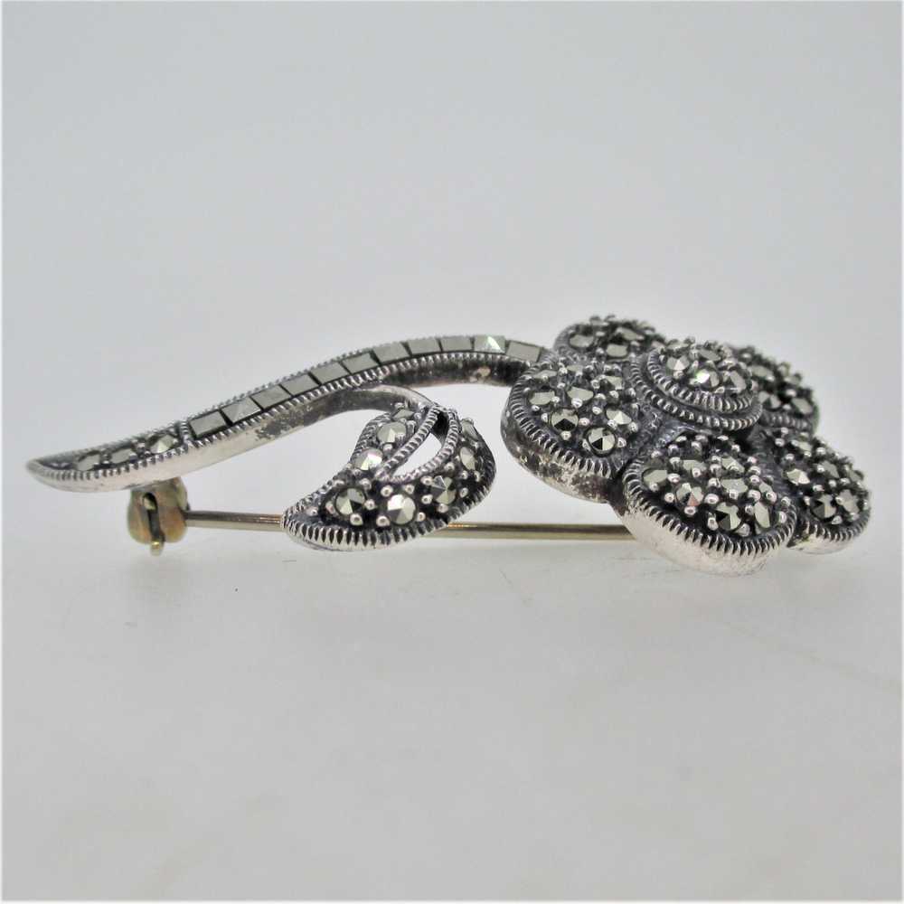 Sterling Silver Marcasite Flower Pin Brooch - image 3