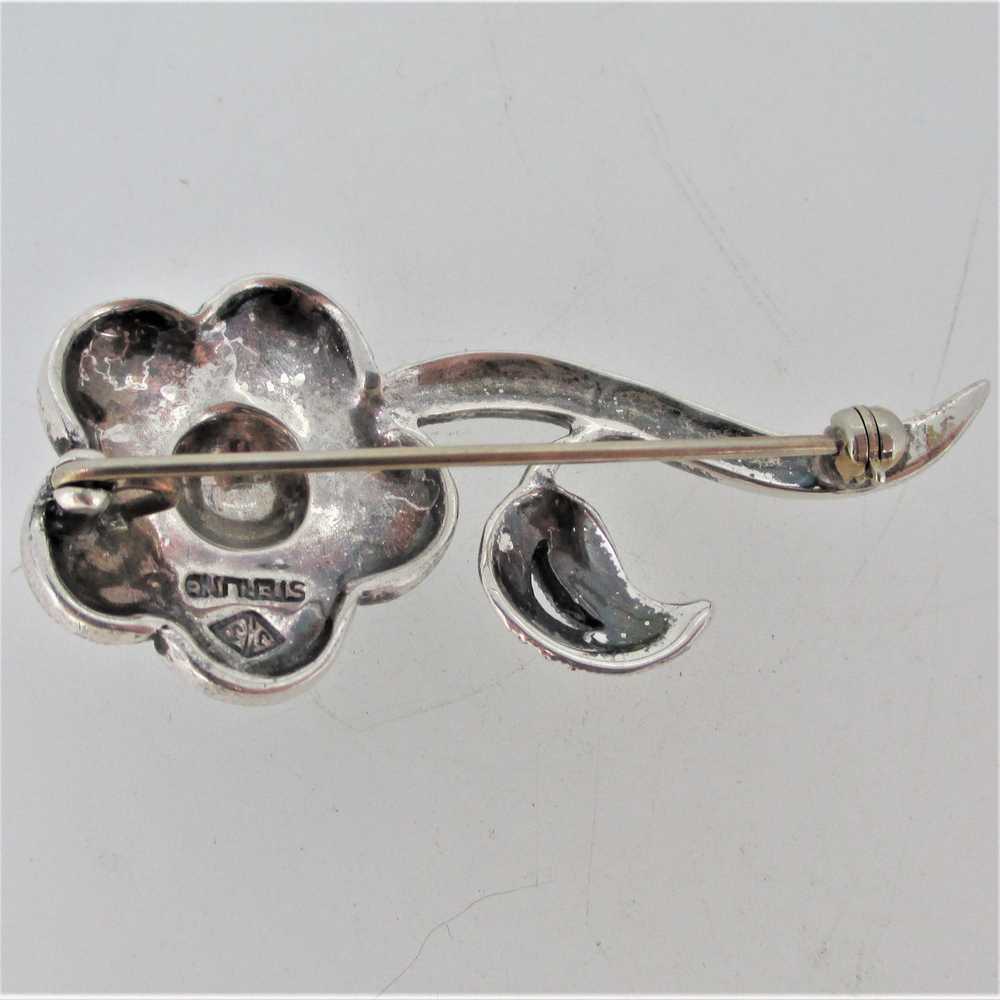 Sterling Silver Marcasite Flower Pin Brooch - image 7