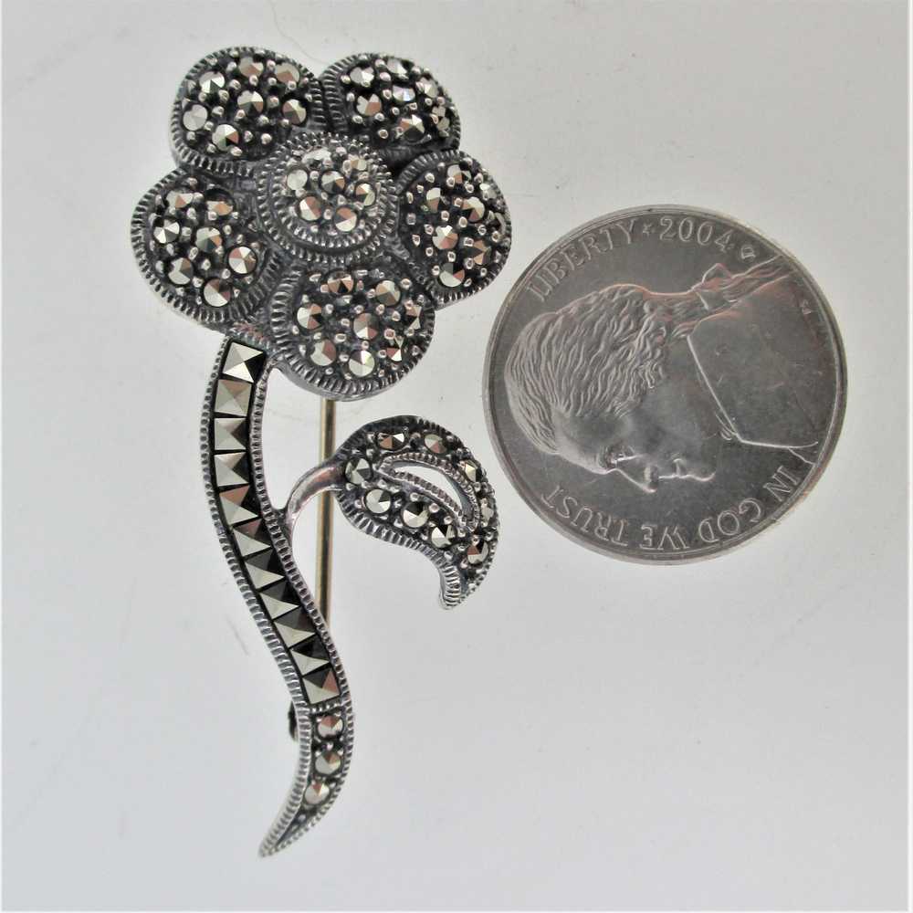 Sterling Silver Marcasite Flower Pin Brooch - image 9