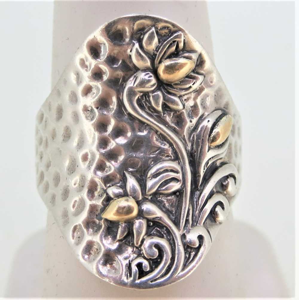 Sterling Silver 18K Ring with Floral Designs Size… - image 1
