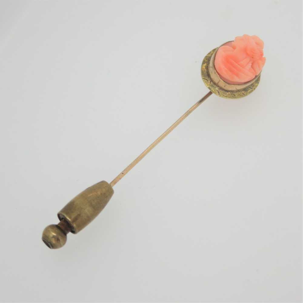 Vintage 10k Yellow Gold Coral Cameo Stick Pin - image 1