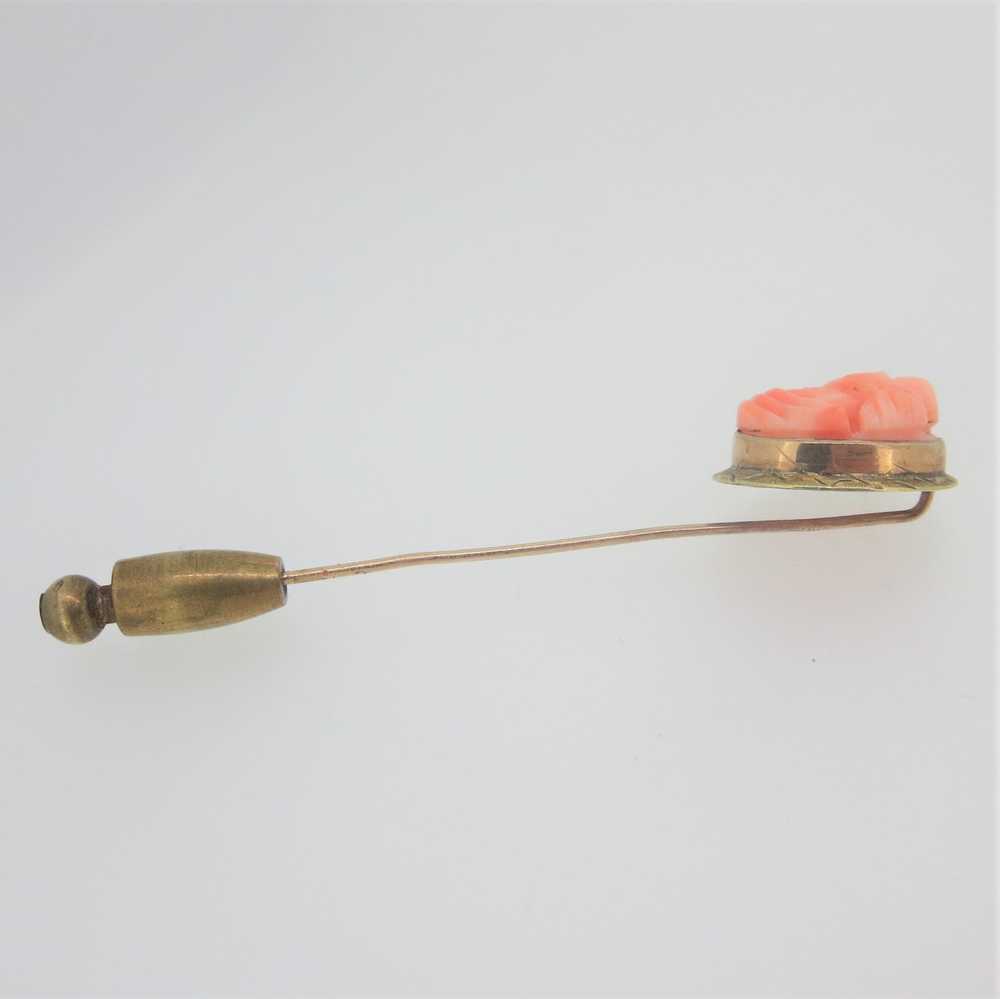 Vintage 10k Yellow Gold Coral Cameo Stick Pin - image 2
