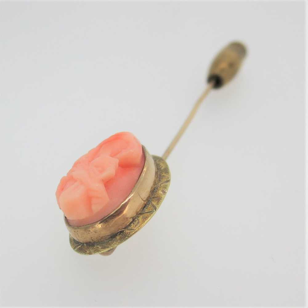 Vintage 10k Yellow Gold Coral Cameo Stick Pin - image 3
