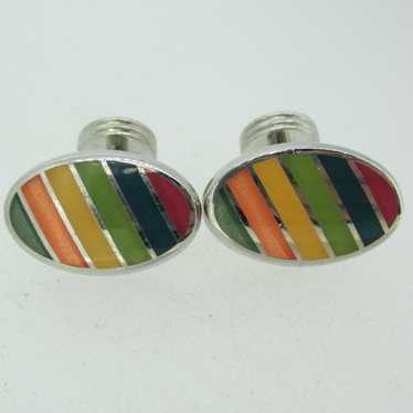 Silver Tone Rainbow Striped Cufflinks - image 1