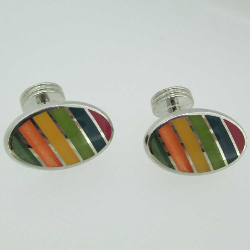 Silver Tone Rainbow Striped Cufflinks - image 3