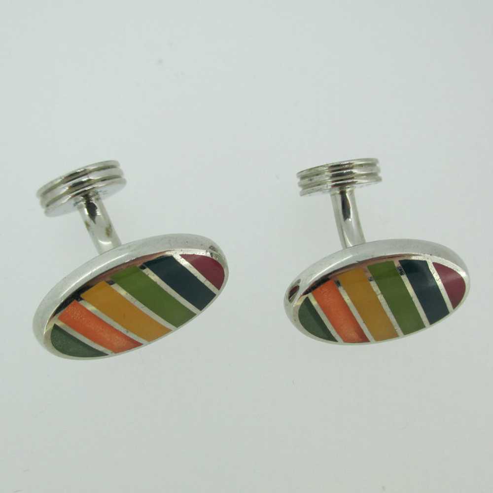 Silver Tone Rainbow Striped Cufflinks - image 4