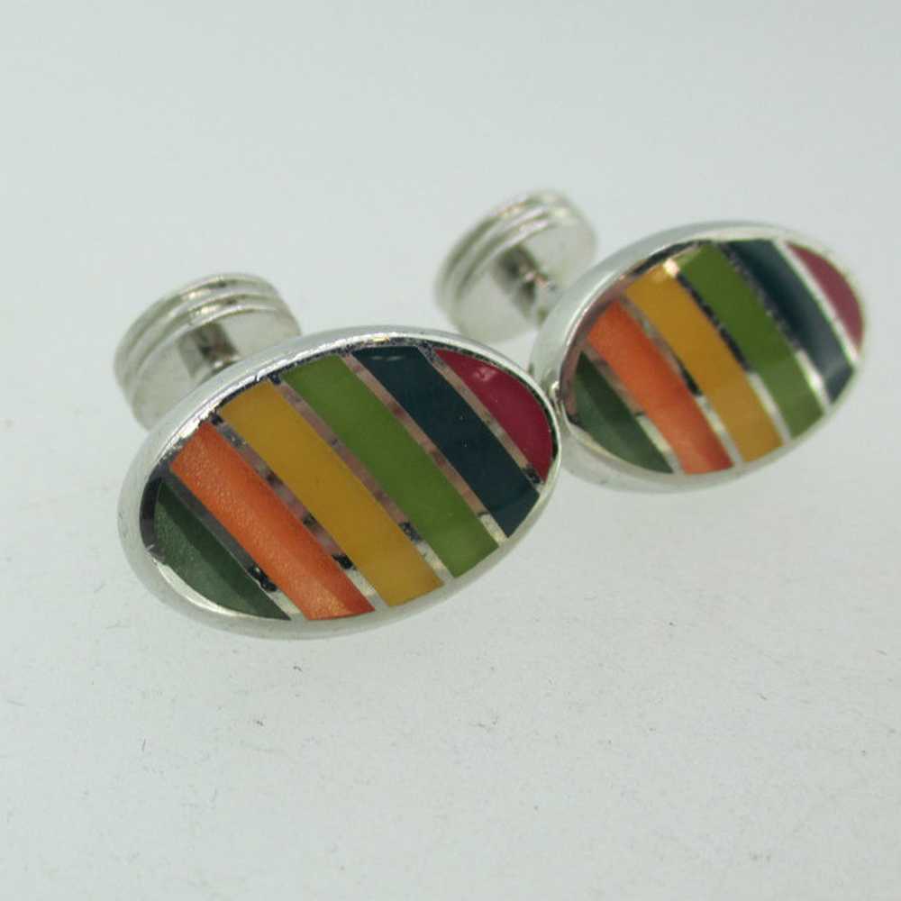 Silver Tone Rainbow Striped Cufflinks - image 6