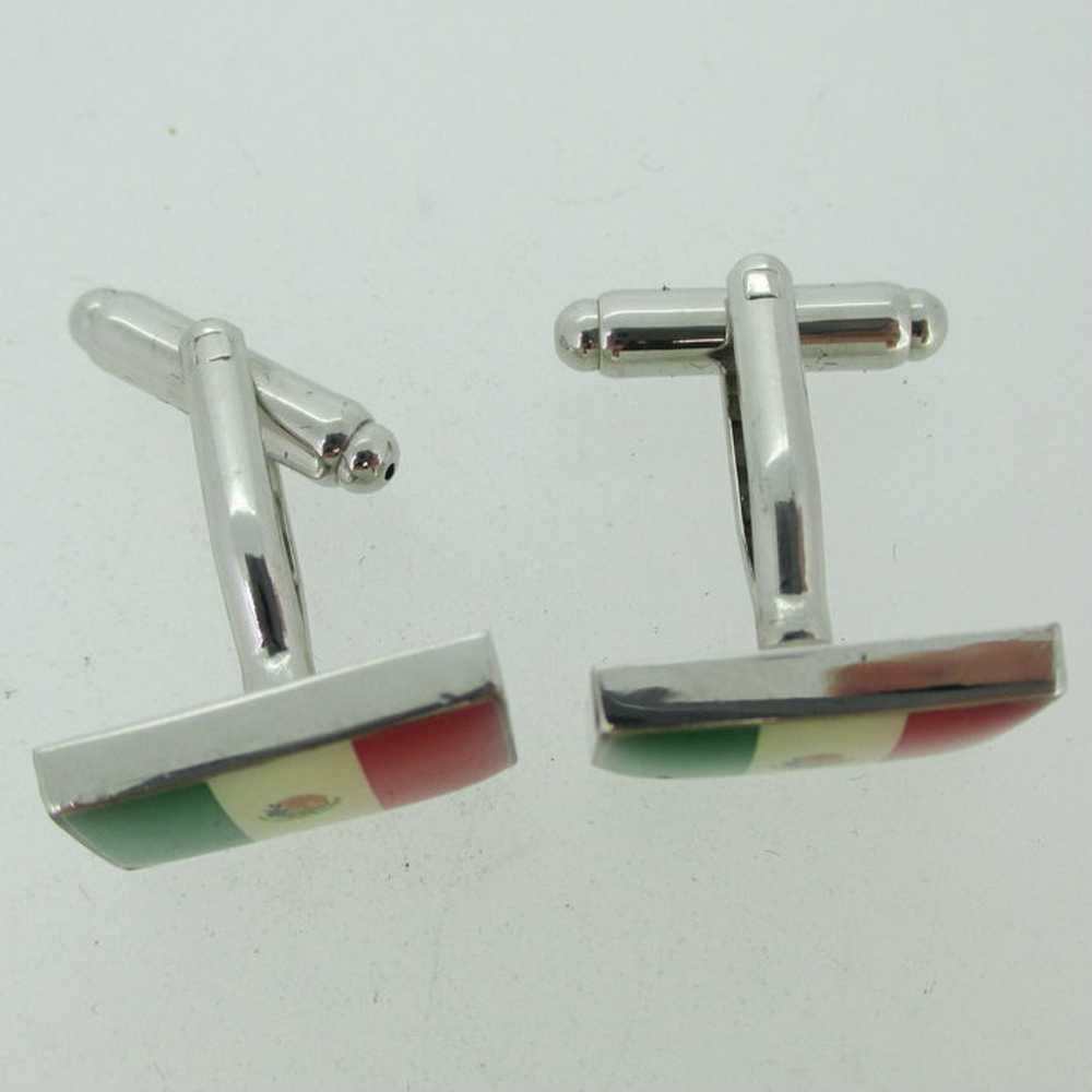 Silver Tone Mexican Flag Inlay Cufflinks - image 3