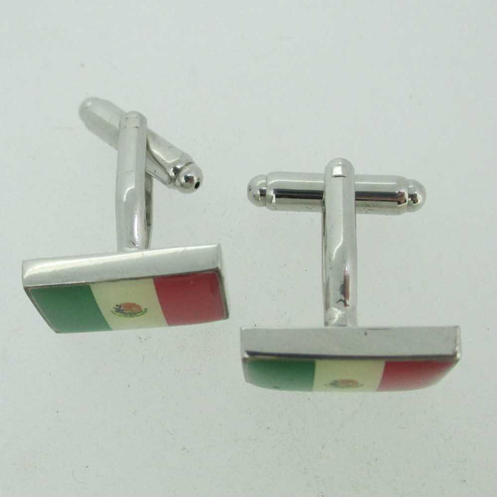 Silver Tone Mexican Flag Inlay Cufflinks - image 6