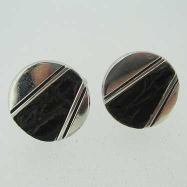 Vintage Silver Tone Leather Strip Circle Cufflinks - image 1