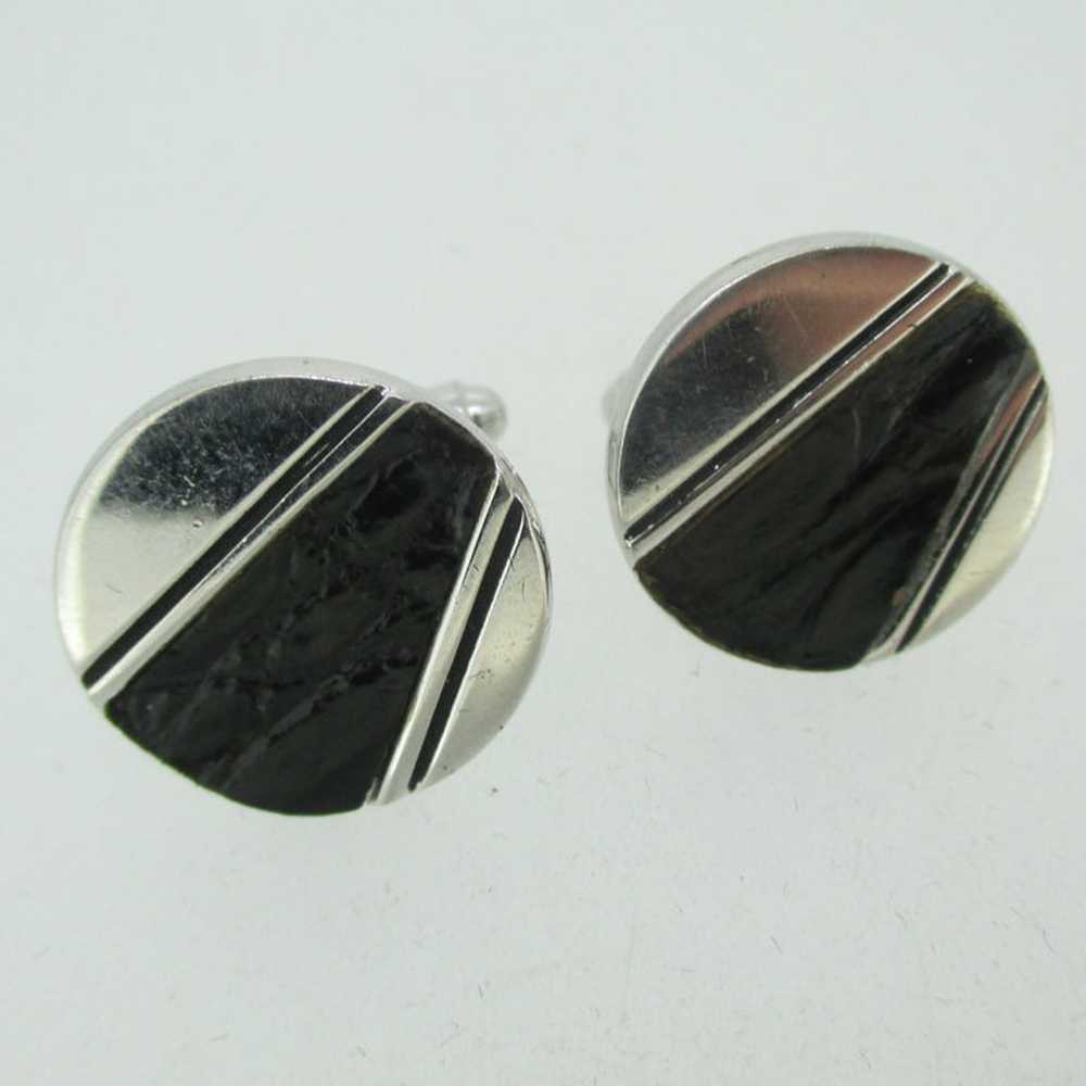 Vintage Silver Tone Leather Strip Circle Cufflinks - image 2