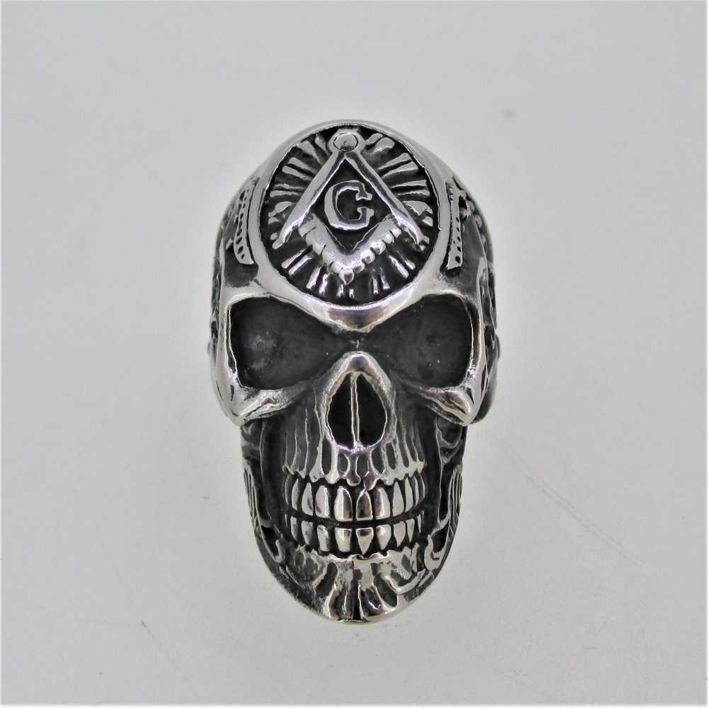 Silver Tone Freemason Skull Mens Ring Size 10 - image 1